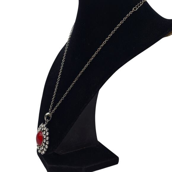 Red Acrylic & Crystal Pendant Necklace Rhinestone Silver Tone Chain 19" Vintage - Picture 5 of 7